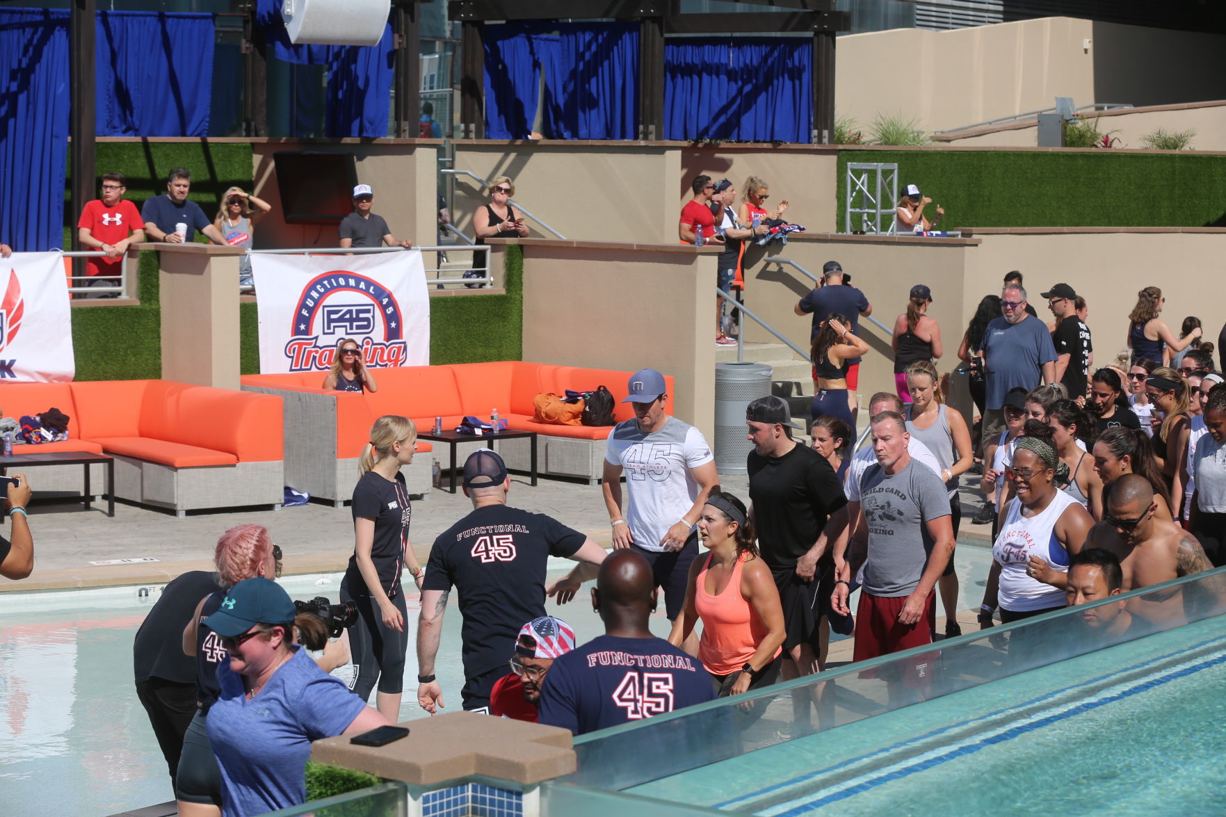 Actor Mark Wahlberg helps to lead a F45 track workout at Ocean Casino Resort in Atlantic City as part of the casino's one-year anniversary Saturday, June 22, 2019.
